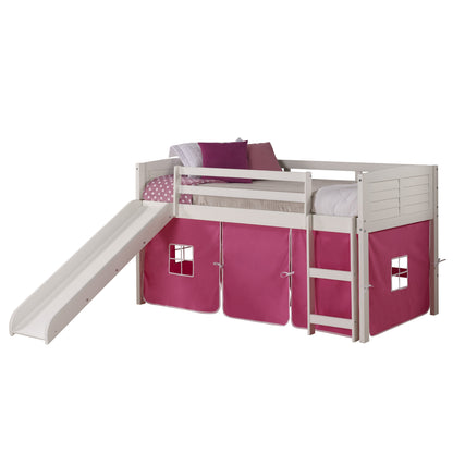 Louver White Low Loft Bed with Slide & Pink Tent