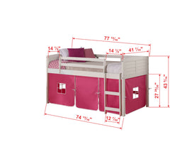 Louver White Low Loft Bed with Pink Tent