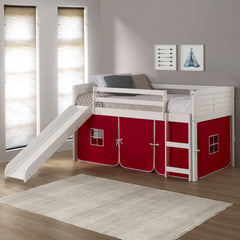 Louver White Low Loft Bed with Slide & Red Tent