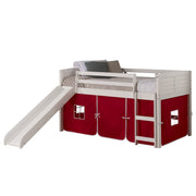 Louver White Low Loft Bed with Slide & Red Tent