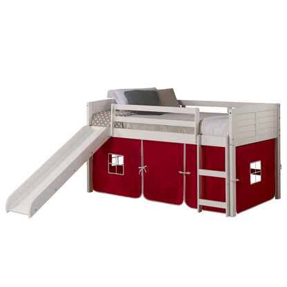 Louver White Low Loft Bed with Slide & Red Tent
