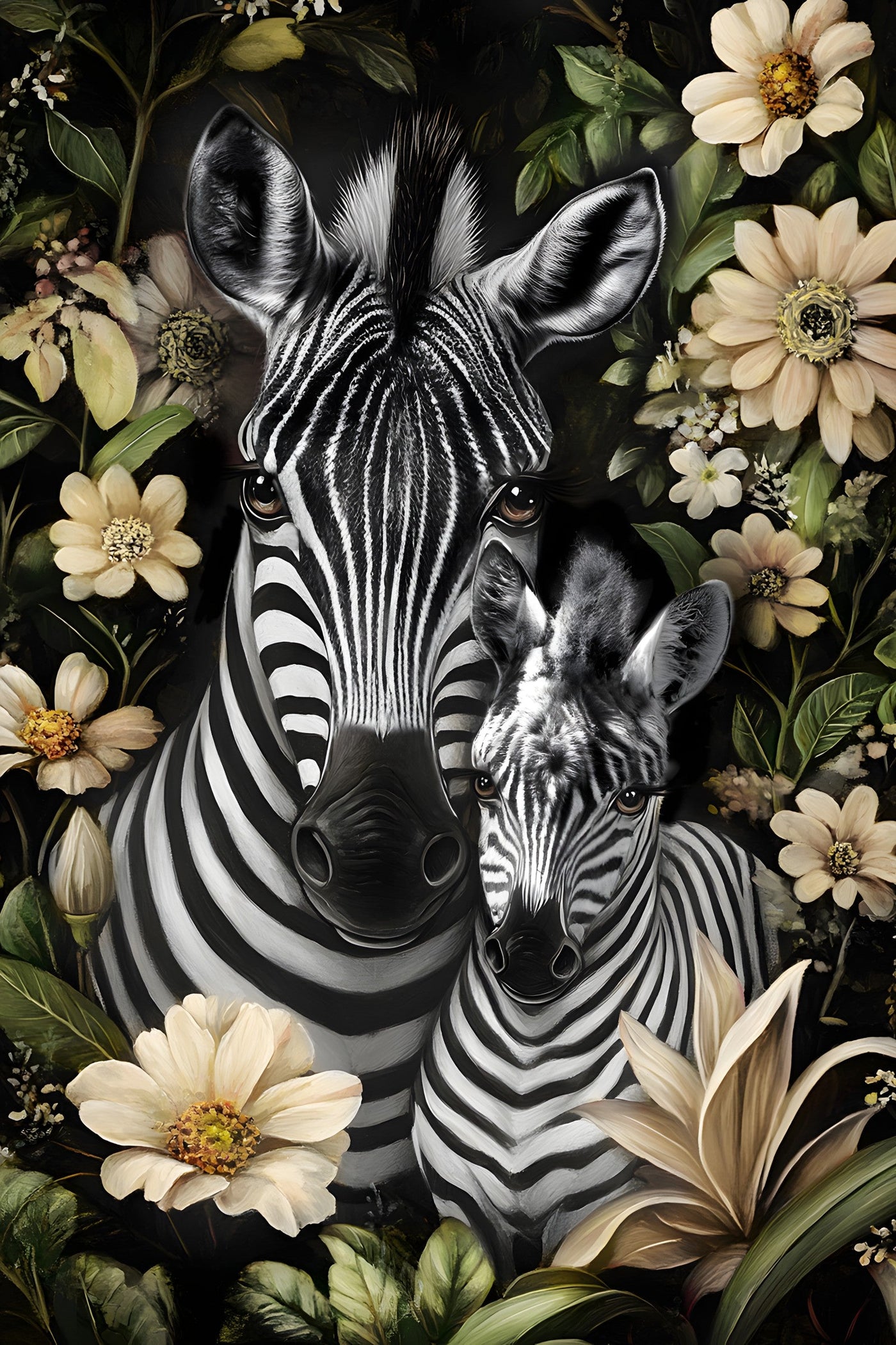 ''Zebra on Flowers'' Hand-painted Gloss Canvas