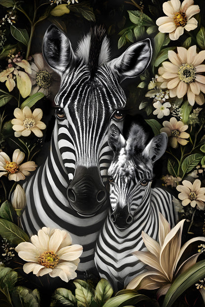 ''Zebra on Flowers'' Hand-painted Gloss Canvas
