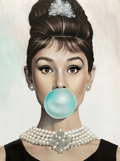 ''Chic Audrey in Blue Bubble'' Hand-painted Wrapped Canvas