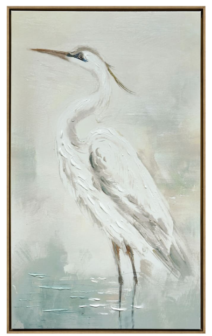 ''White Egret'' Hand-painted Canvas in Frame