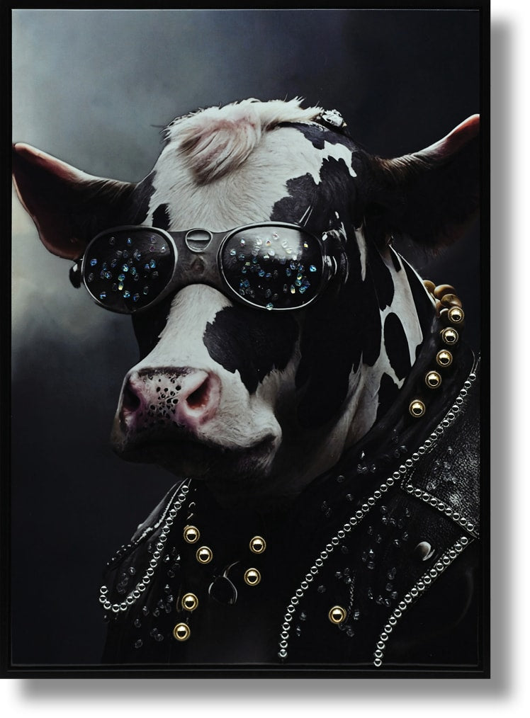 ''Rockstar Cow with Crystal Shades'' Gloss Canvas w/ Studs in Frame