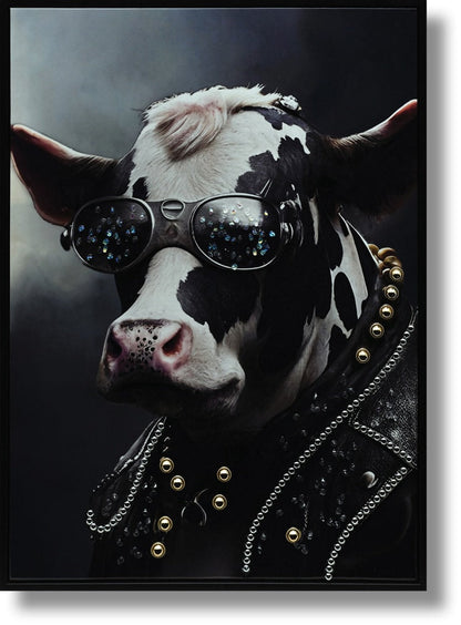 ''Rockstar Cow with Crystal Shades'' Gloss Canvas w/ Studs in Frame