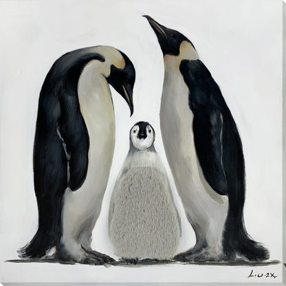 Penguin Family Hand-Embellished Wrapped Canvas w/Fabric