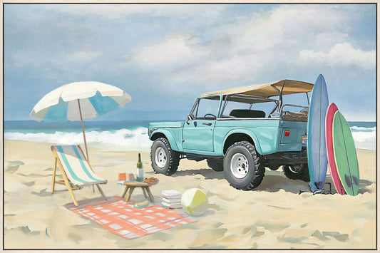 ''Jeep on Beach'' Hand-painted Canvas in Frame