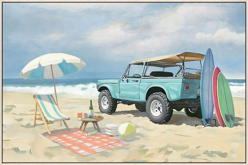 ''Jeep on Beach'' Hand-painted Canvas in Frame
