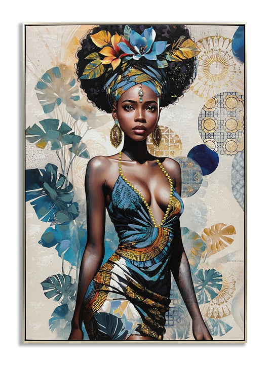 ''Elegant Portrait of African Woman in V-Neck Dress'' Hand-painted Canvas in Frame