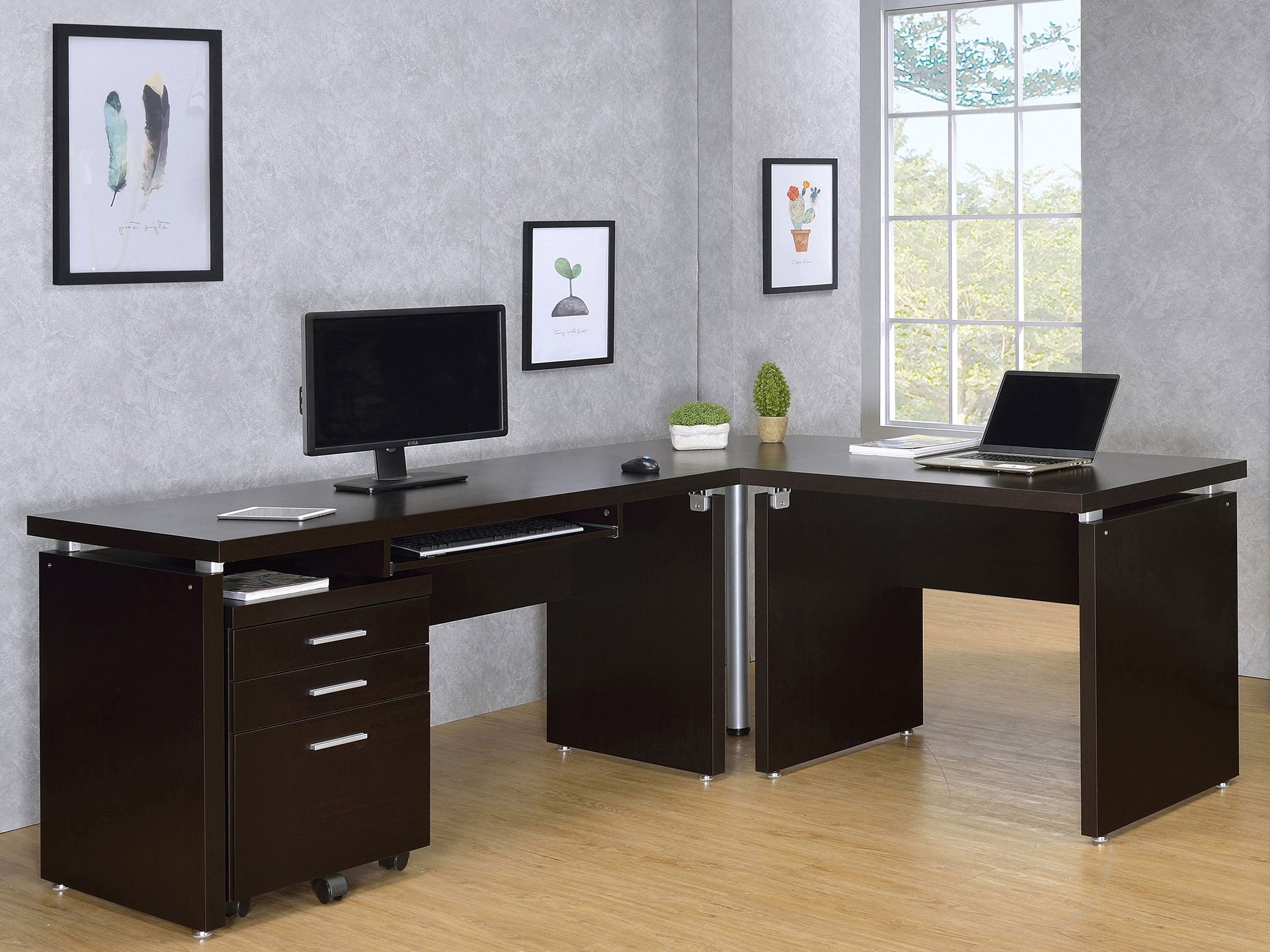 Escritorio Skylar en forma de L con archivador móvil color capuchino