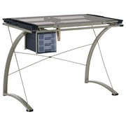 Mesa de dibujo Melo de 41 pulgadas con tapa de vidrio y almacenamiento, color plateado