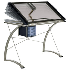 Mesa de dibujo Melo de 41 pulgadas con tapa de vidrio y almacenamiento, color plateado