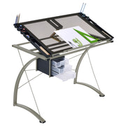 Mesa de dibujo Melo de 41 pulgadas con tapa de vidrio y almacenamiento, color plateado