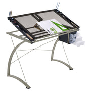 Mesa de dibujo Melo de 41 pulgadas con tapa de vidrio y almacenamiento, color plateado