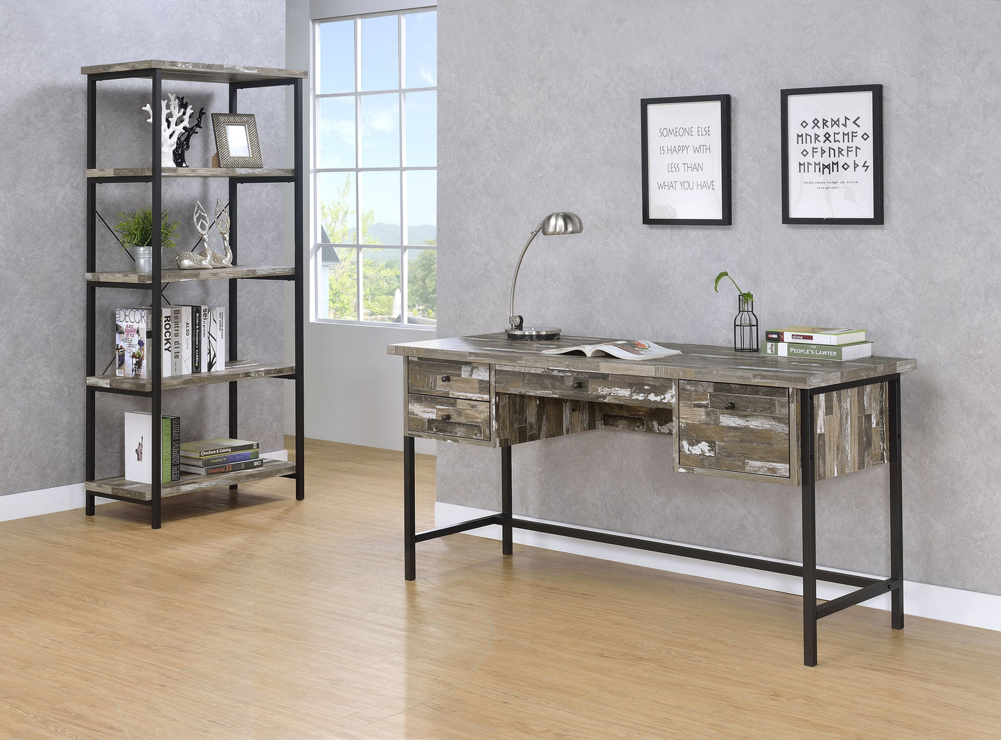 Escritorio Kemper de 59 pulgadas con 4 estantes, color marrón desgastado