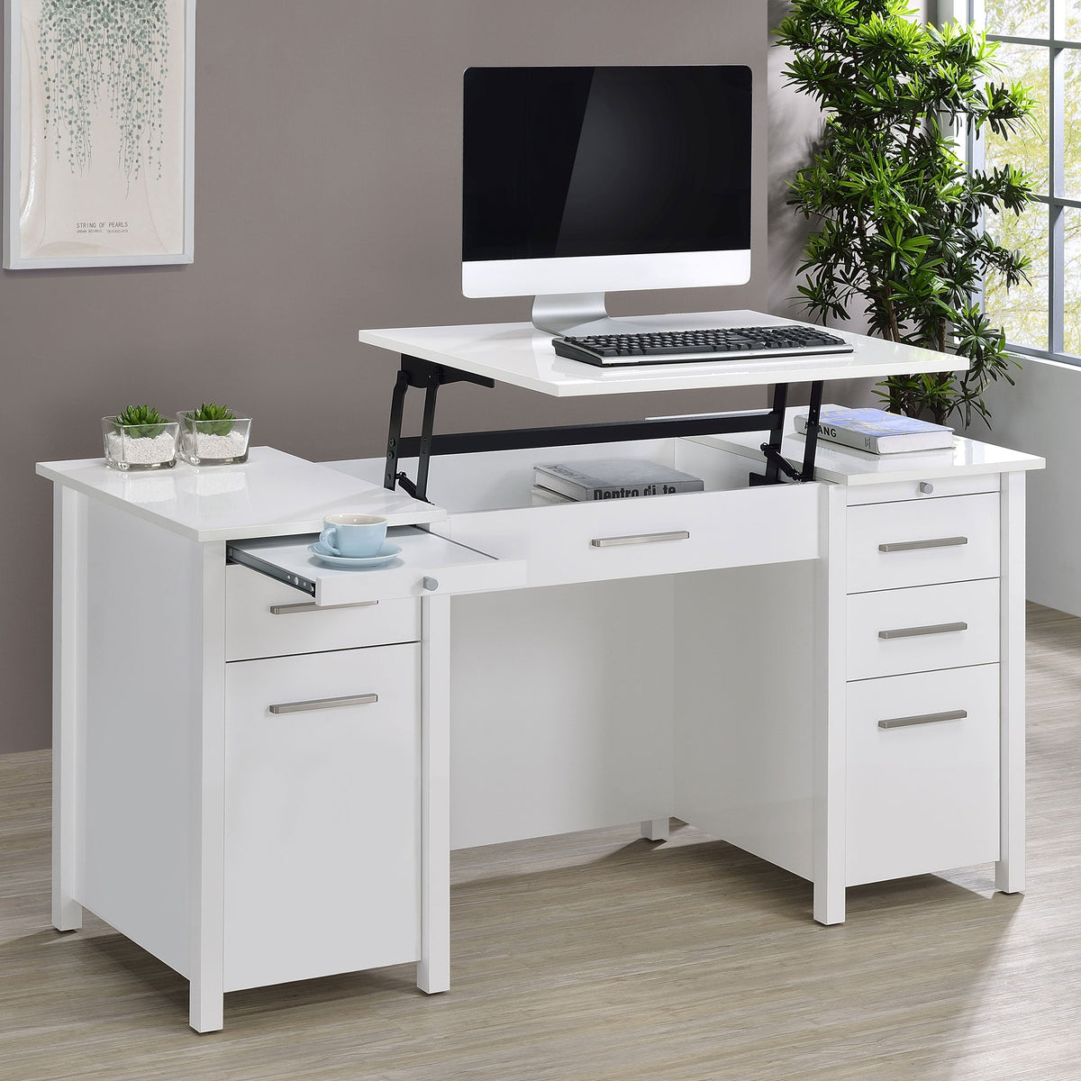 Escritorio de oficina Dylan de 60 pulgadas con 4 cajones y tapa elevable, blanco de alto brillo