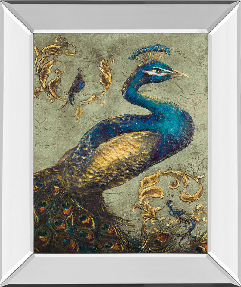 Mirrored Frame Peacock On Sage I By Tiffany Hakimipour