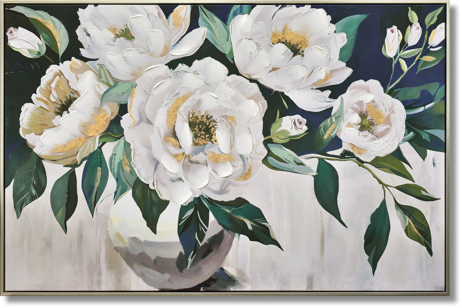 ''Opulent Ivory Peonies in Gold'' Hand-painted Canvas in Frame