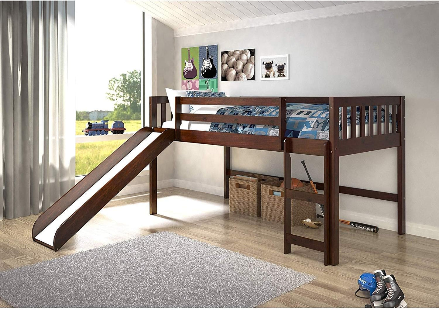 Cama tipo loft doble con tobogán