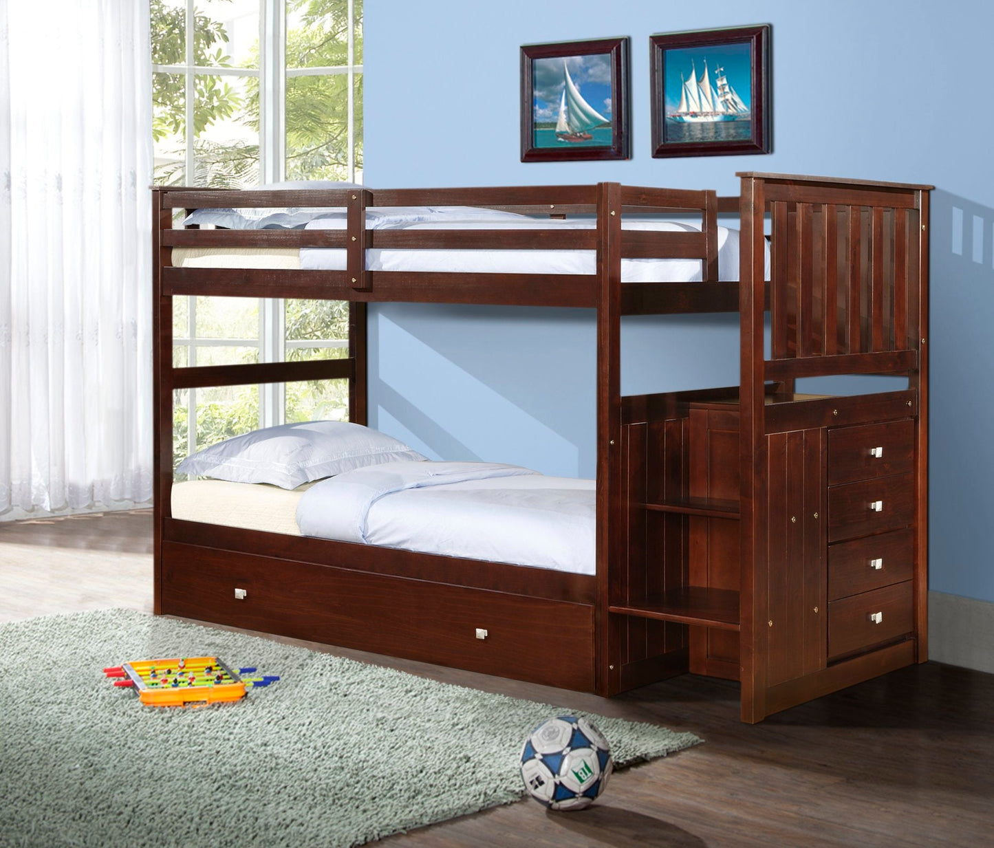 Mariner Mission Twin over Twin Cappuccino Stairway Bunkbed with Twin Trundle