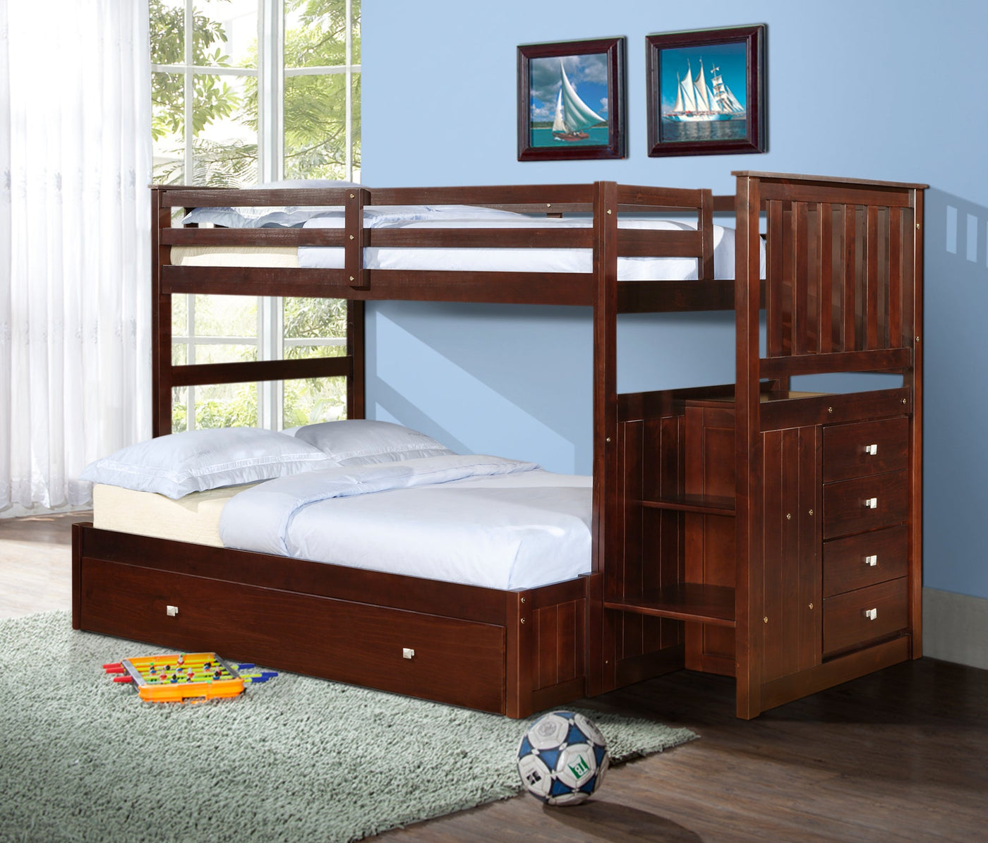 Mariner Mission Twin over Full Cappuccino Extended Stairway Bunkbed with Twin Trundle