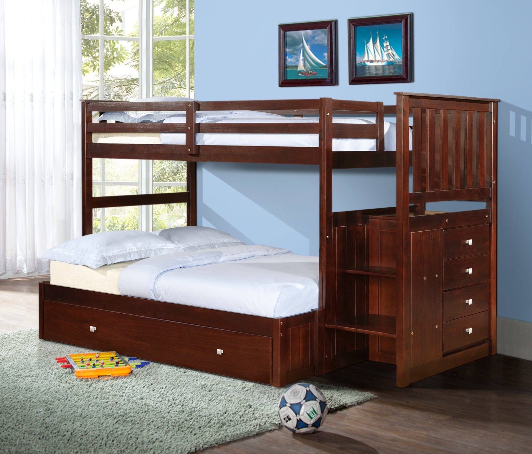 Mariner Mission Twin over Full Cappuccino Extended Stairway Bunkbed with Twin Trundle