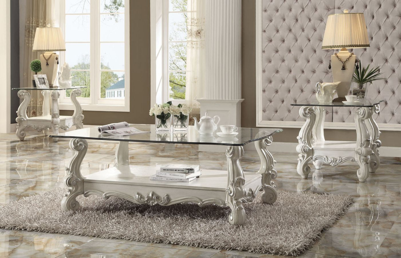 Mesa de centro rectangular Versailles con tablero de cristal