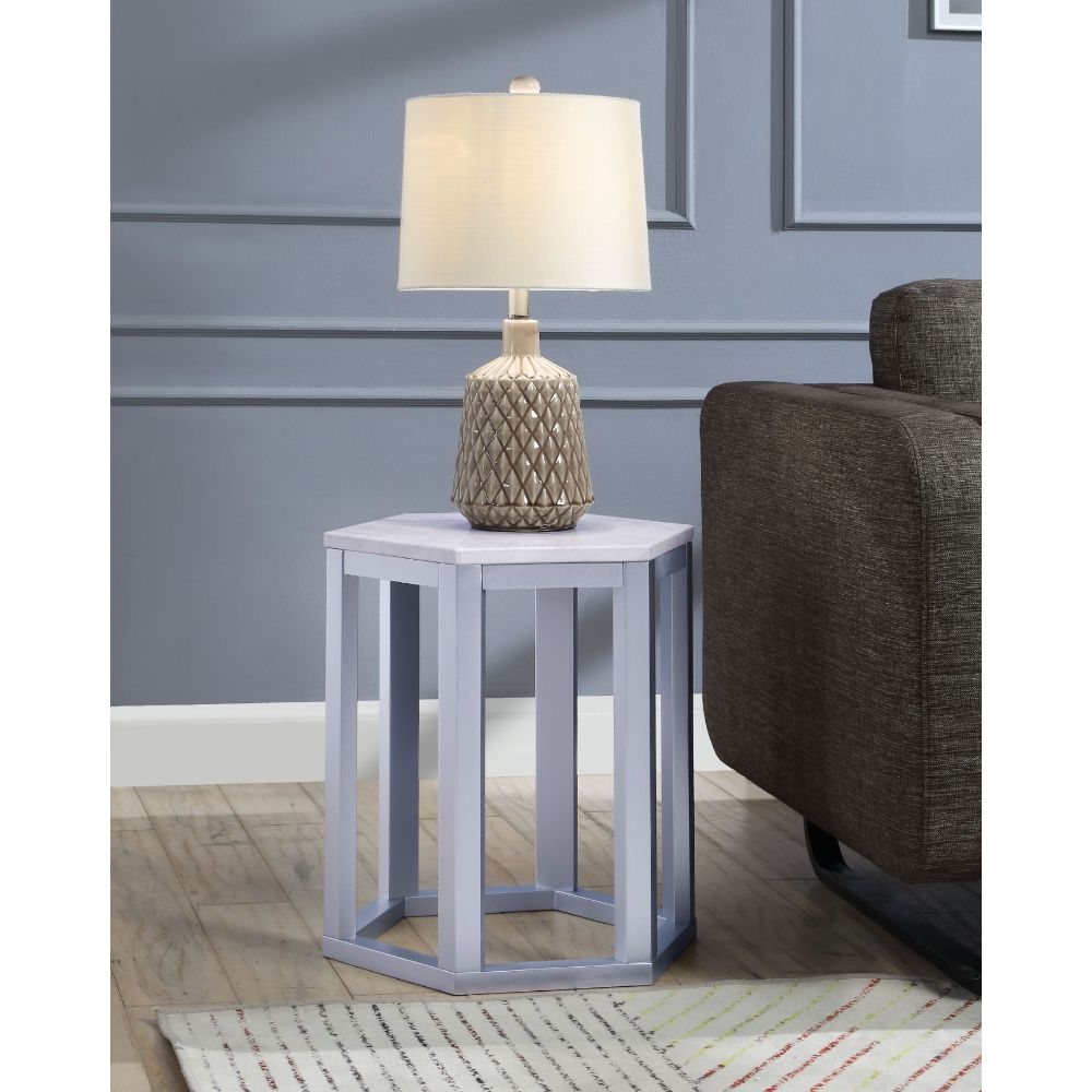 Reon Hexagon Marble Accent Table with Wood Base