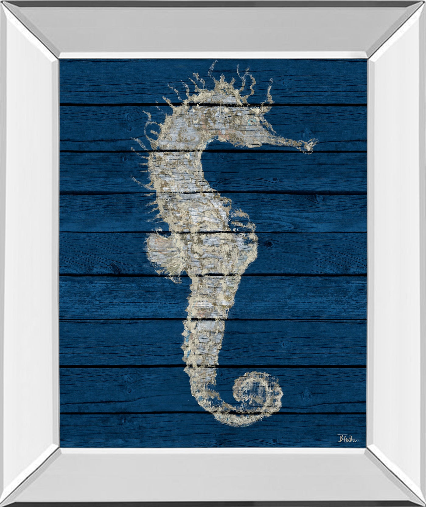 Mirrored Frame Antique Seahorse On Blue I By Patricia Pinto