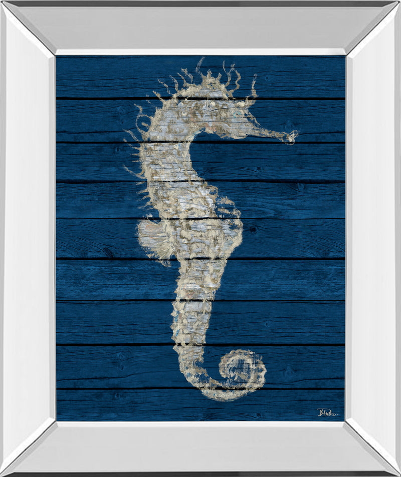 Mirrored Frame Antique Seahorse On Blue I By Patricia Pinto