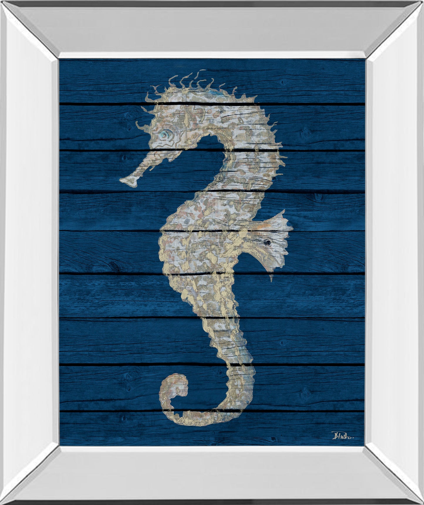 Mirrored Frame Antique Seahorse On Blue II By Patricia Pinto