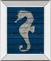 Mirrored Frame Antique Seahorse On Blue II By Patricia Pinto
