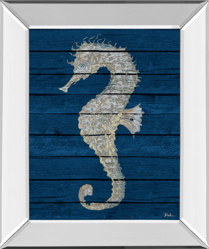 Mirrored Frame Antique Seahorse On Blue II By Patricia Pinto