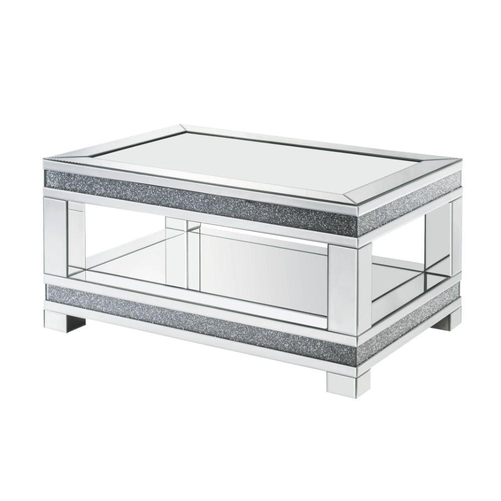 Mesa de centro rectangular Noralie Glam con incrustaciones de diamantes falsos y vidrio templado transparente
