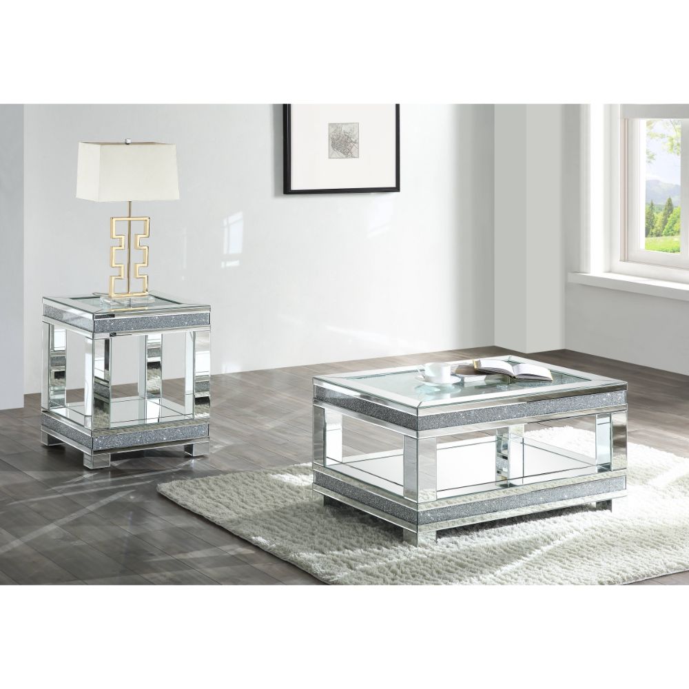 Mesa de centro rectangular Noralie Glam con incrustaciones de diamantes falsos y vidrio templado transparente