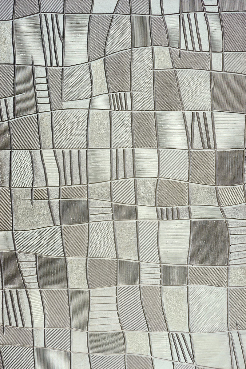 ''Textured Taupe Patchwork Geometry'' Hand-painted Wrapped Canvas