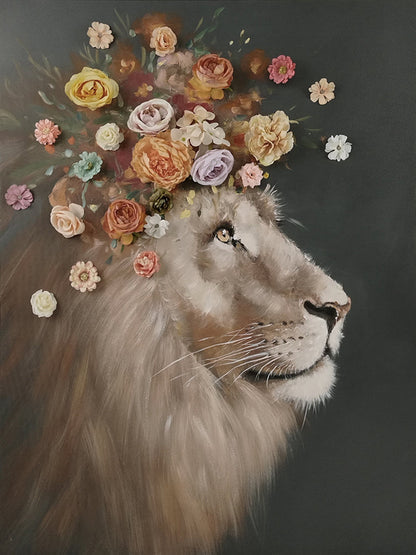 ''Majestic Floral Lion Canvas'' Hand-painted Canvas w/ Flowers