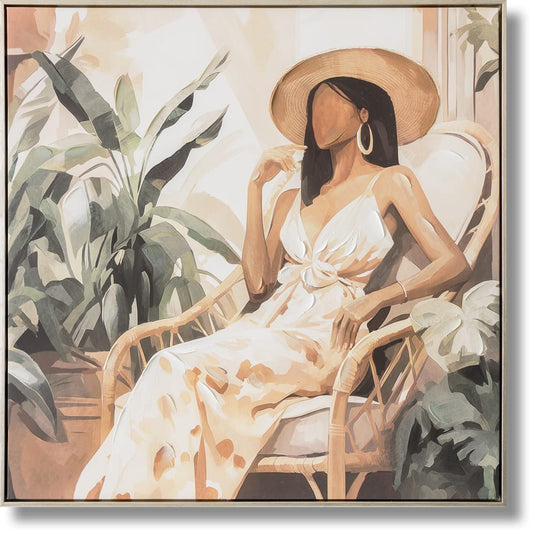 ''Serene Rattan Escape'' Hand-painted Canvas in Frame