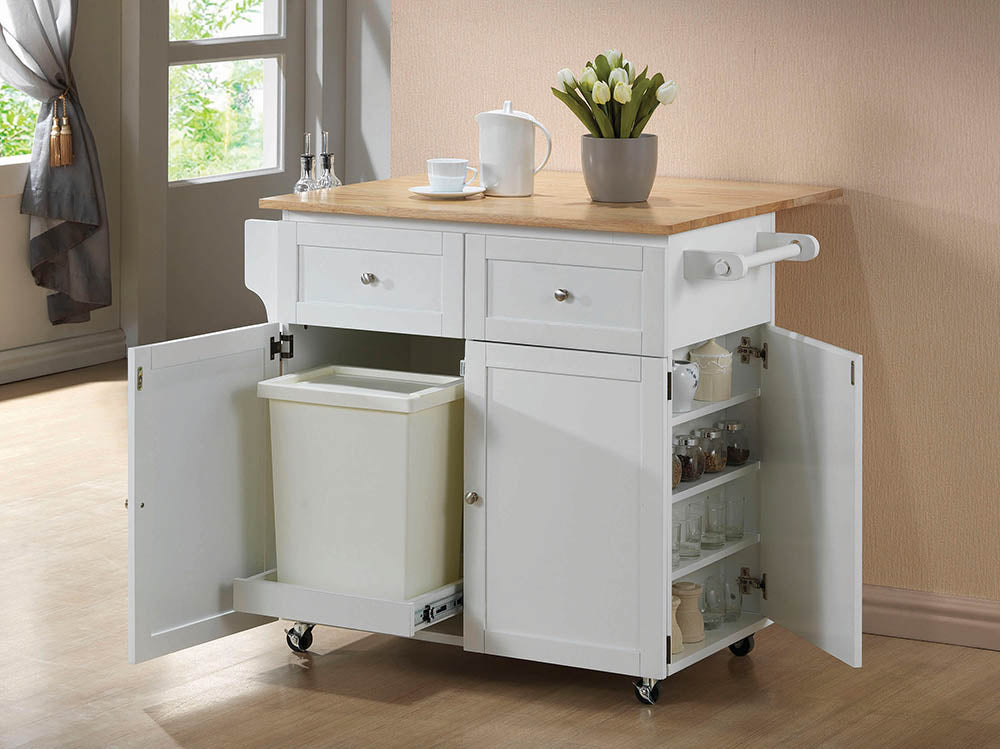 Carrito de cocina móvil de 3 puertas Jalen en marrón natural y blanco