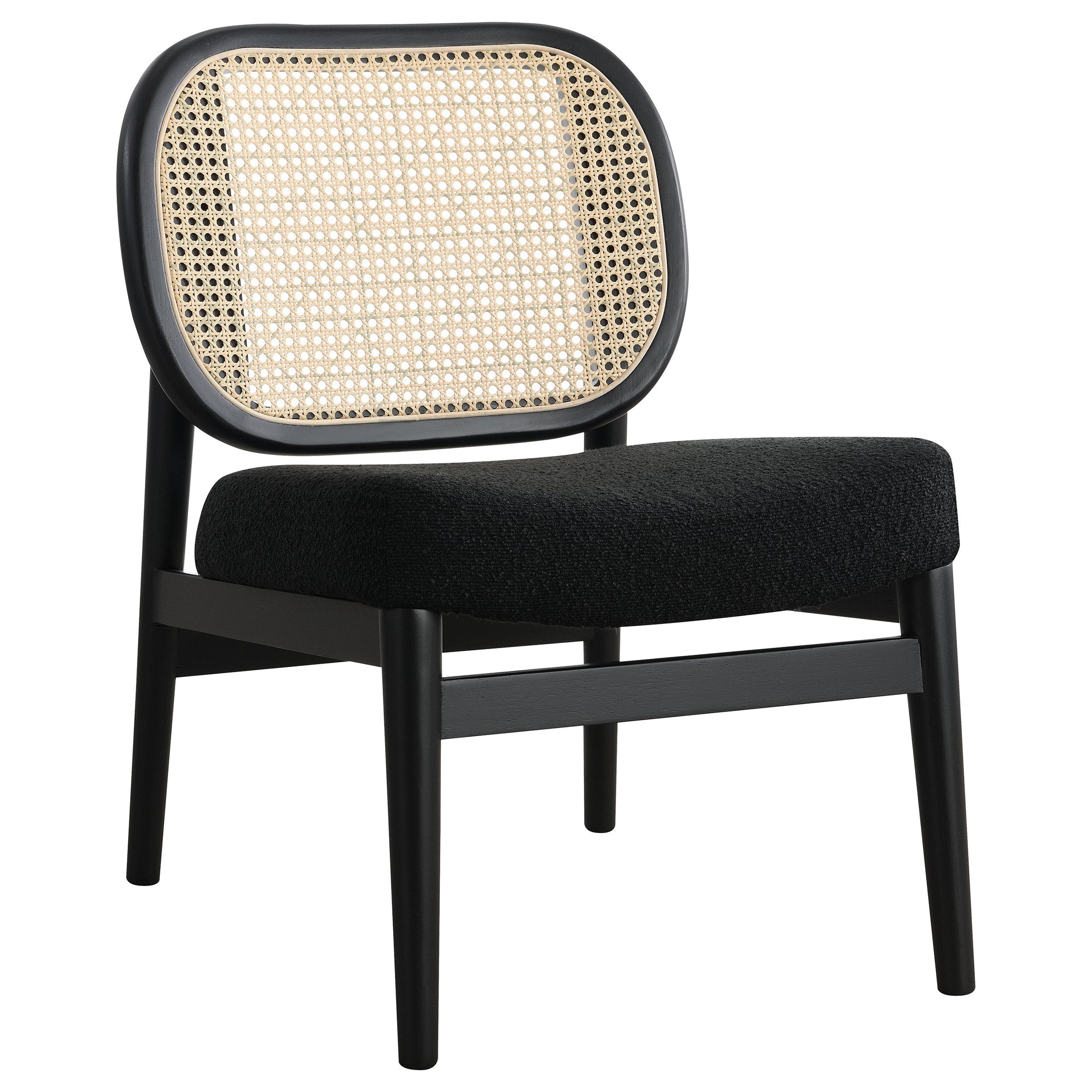 Sillón Rayo con respaldo de caña de ratán y asiento acolchado, color negro