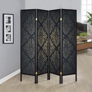 Biombo plegable Haidera de 4 paneles en damasco negro