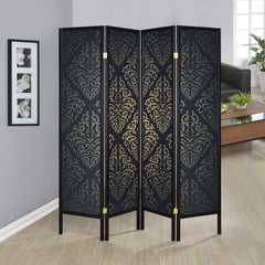 Biombo plegable Haidera de 4 paneles en damasco negro