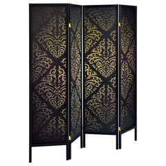 Biombo plegable Haidera de 4 paneles en damasco negro