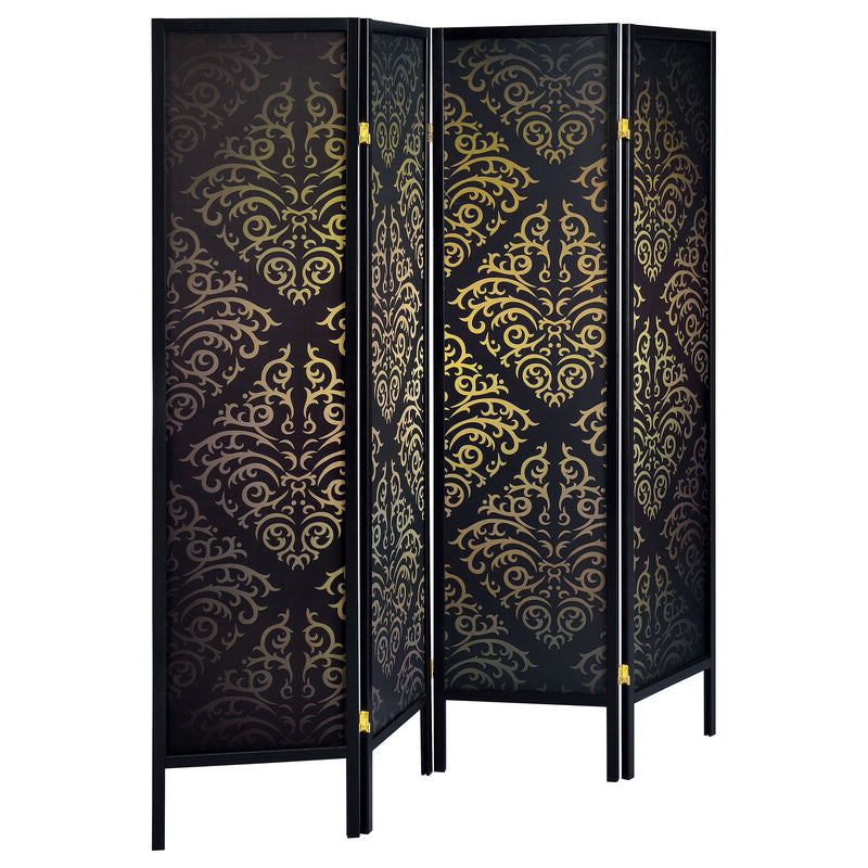 Biombo plegable Haidera de 4 paneles en damasco negro