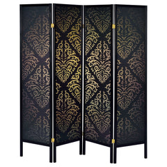 Biombo plegable Haidera de 4 paneles en damasco negro