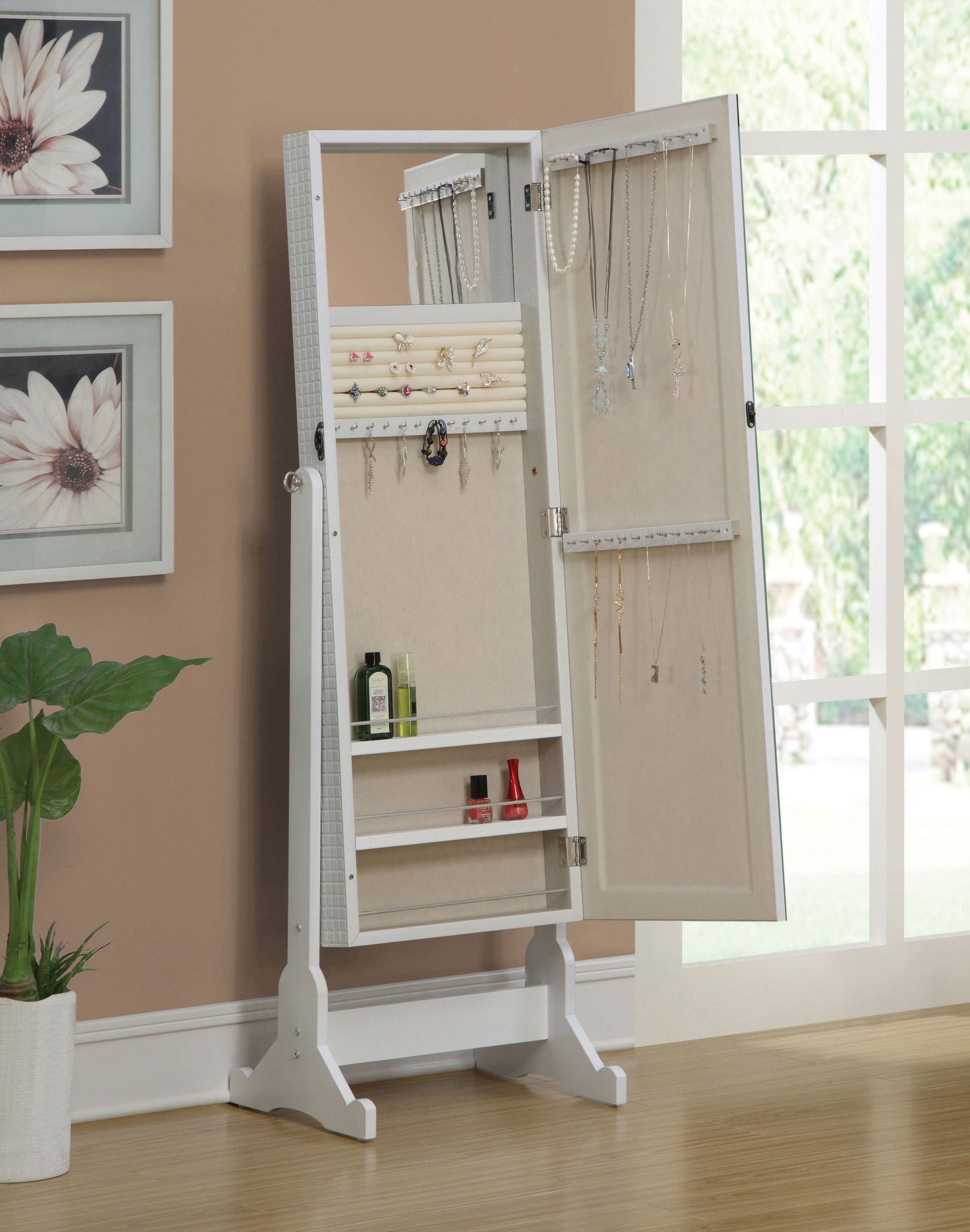 Espejo de pie Yvonne con compartimento para joyas, color gris paloma