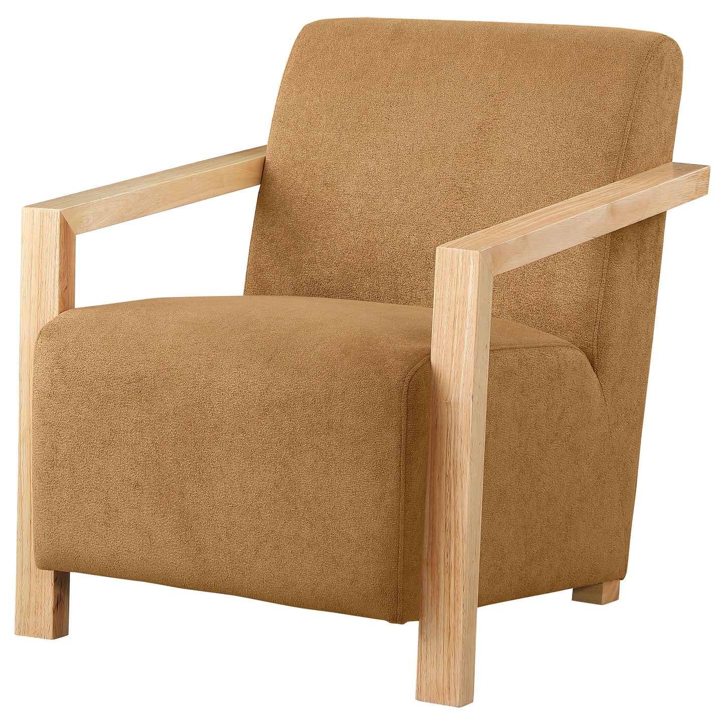 Sillón Diego tapizado con brazos de madera color miel