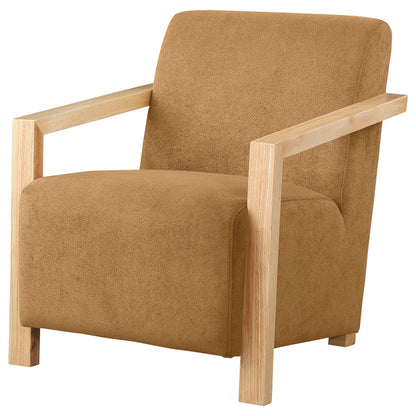 Sillón Diego tapizado con brazos de madera color miel